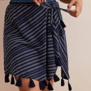Aerie Womens Medium M Navy Blue Striped Wrap Skirt Tassel Hem Stretch Waist Boho